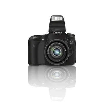 Black camera with flash on the white background Stock Illustration