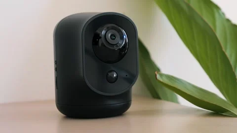 Black camera rotates and reacts to movements. Wireless IP camera that monitors Stock Footage 335740781