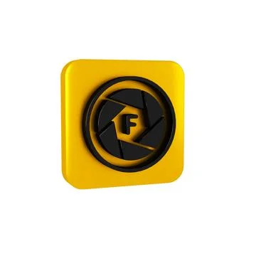 Black Camera shutter icon isolated on transparent background. Yellow square Stock Illustration