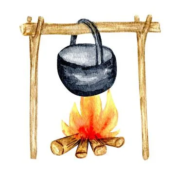 Black camping pot over a campfire watercolor illustration isolated on white Stock Illustration