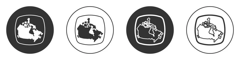 Black Canada map icon isolated on white background. Circle button. Vector Stock Illustration