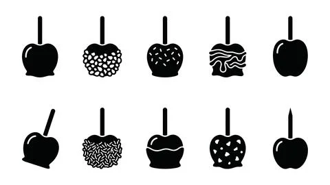Black candy apple icon set featuring diverse gourmet toppings and classic s.. Illustrazione stock