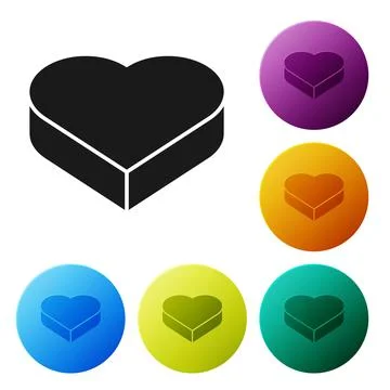 Black Candy in heart shaped box and bow icon isolated on white background. Va Illustrazione stock
