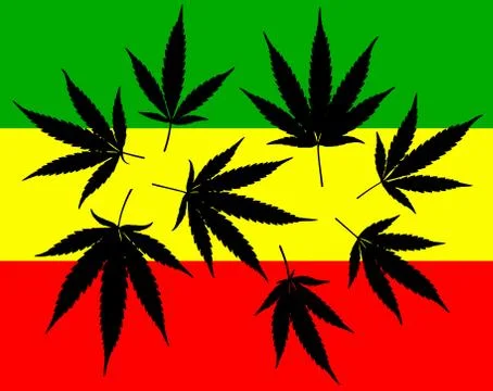 Black Cannabis leafs on reggae flag background Stock Illustration