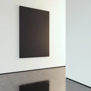 Black canvas on the bright wall in gallery. 3d rendering Illustration