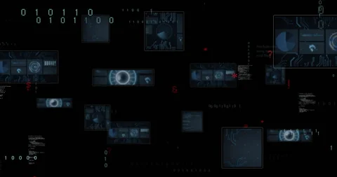 On black canvas, interface fading in, panels showing binaries and code scrolling 動画素材 310637894