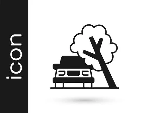 Black Car damaged by fallen tree icon isolated on white background. Auto Stock Illustration