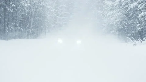 A black car drives through the forest through the snowy fog. Is slowly Stock Footage 168105301