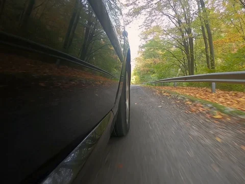 Black car driving on empty road colorful trees on autumn Stock Footage 116504849