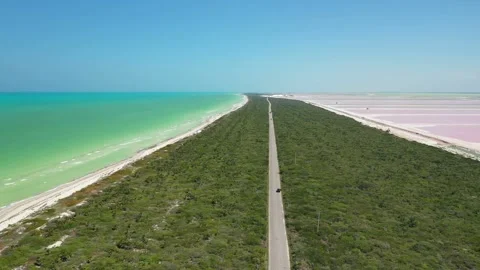 Black car driving on road between turquoise sea and pink lakes in Las Coloradas Vídeo Stock 311863308