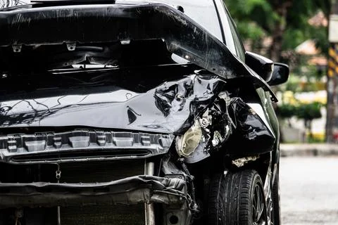 A black car with a smashed front end Foto stock