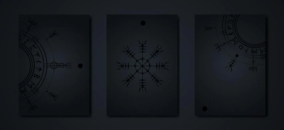 Black card set collection of Magic ancient viking art deco, dark Vegvisir Illustrazione stock