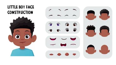 Black Cartoon Boy Face Construction, Child Avatar Maker with Afro Hair, Eyes and Stock Illustration