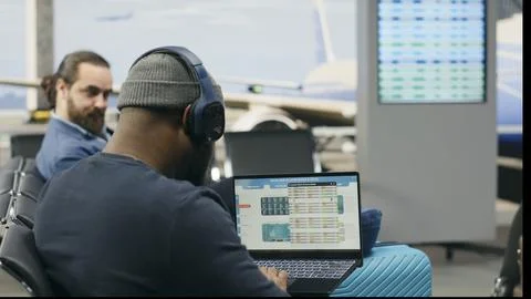 Black casual worker checking insights and analytics on laptop in airport lounge Stock Photos
