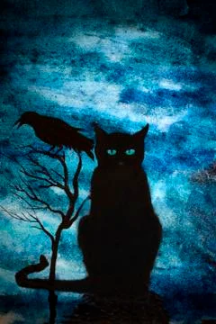 Black cat and crows Illustrazione stock