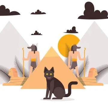 Black cat and elements of ancient Egypt culture vector illustration, Egyptian Stock Illustration