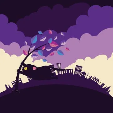 Black cat and tree in wind イラスト素材
