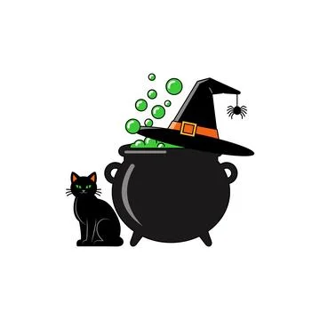 Black cat and a witch hat next to a bubbling cauldron for a Halloween party Stock Illustration