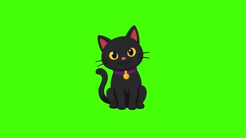 Black cat animated cute kitten blinking eyes and swinging tail on 4k green .. Stock Footage 343774158