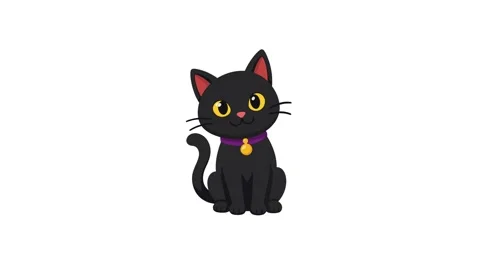 Black cat animated cute kitten with collar blinking and wagging tail on 4k .. Stock Footage 343774169