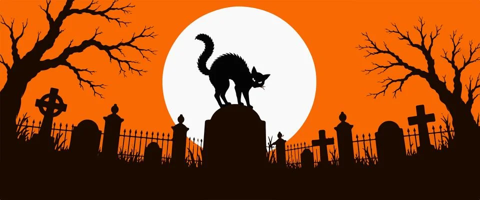 Black cat arching back on tombstone in cemetery under orange sky with glowi.. Stock Illustration