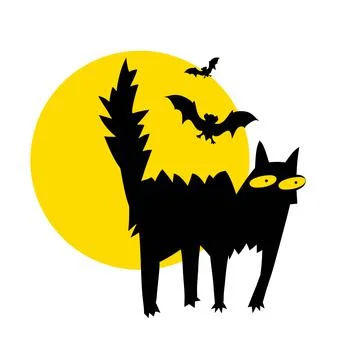Black cat on the background of the moon with bats. Halloween Theme Stock Illustration