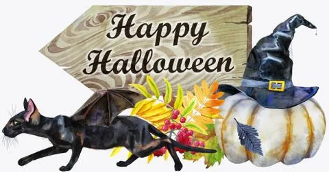 Black cat with bat wings with pumpkin and autumn leaves イラスト素材
