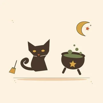 Black cat beside a bubbling cauldron. Decorative flat vector composition with Stock Illustration