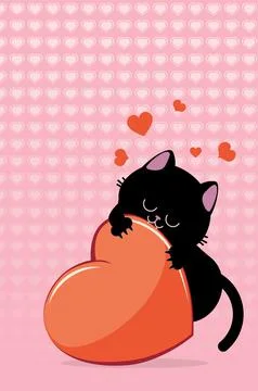 Black cat bite red heart Stock Illustration