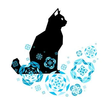 Black cat blue flowers Stock Illustration