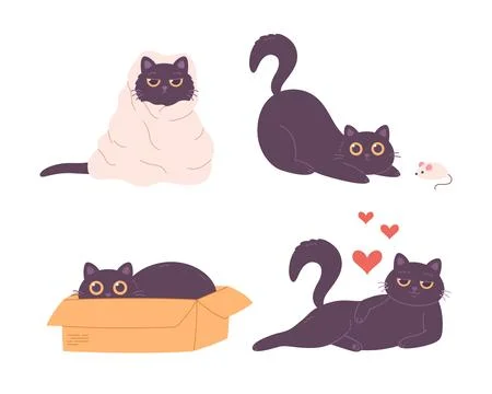 Black cat characters playing, sleeping, sitting in box, falling in love. Иллюстрация