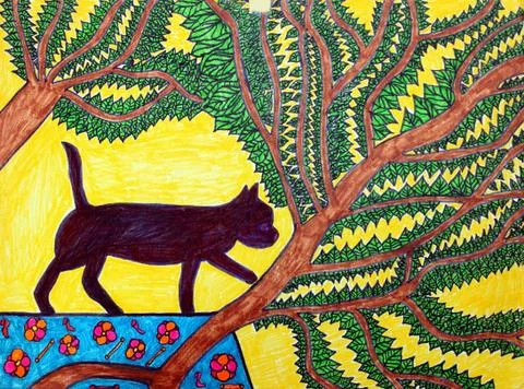 Black Cat Climbs Table Tree Stock Illustration