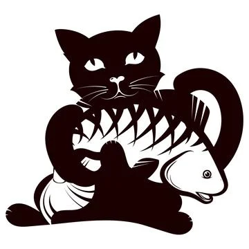 Black cat with fish in its paws Illustrazione stock