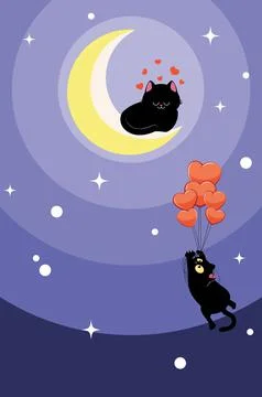 Black cat flying on balloons to cat on moon 스톡 일러스트