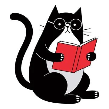 Black cat with glasses reading red book vector Stock Illustration