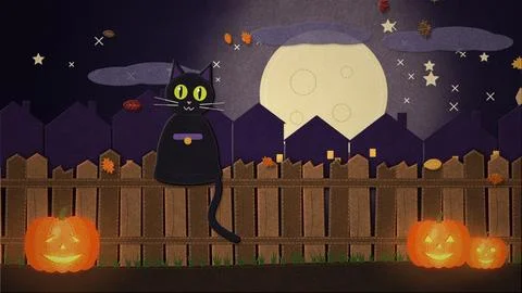 Black Cat Halloween Stop Motion Background Image Stock Illustration