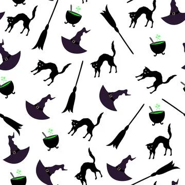 Black cat, hat and cauldron in repeating pattern イラスト素材
