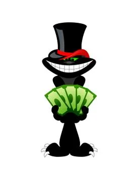 Black cat in hat with the dollar. vector Stock Illustration