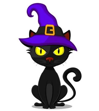 Black cat in hat on a white background. Halloween Stock Illustration
