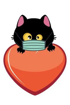 Black cat head in mask and heart Иллюстрация