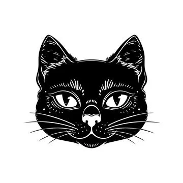 Black Cat Head Portrait Vector Line Art Stock Illustration