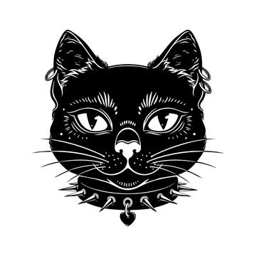 Black cat head with spiked collar and heart charm  Gothic pet portrait Stock Illustration
