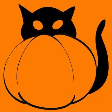 Black Cat Hiding Behind Orange Halloween Pumpkin Stock Illustration