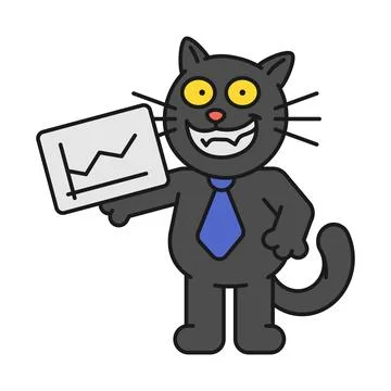 Black cat holds digital tablet with business chart and smiles Stock Illustration