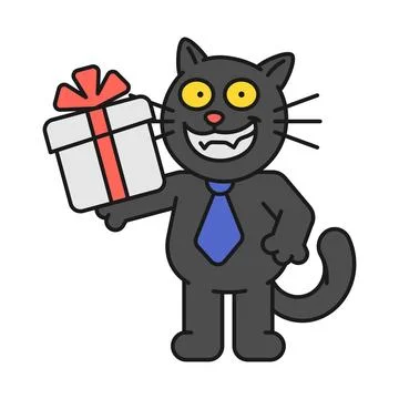 Black cat holds gift box and smiles Stock Illustration
