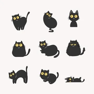 Black cat icon collection. flat style elements. cartoon isolated illustration Stock Illustration