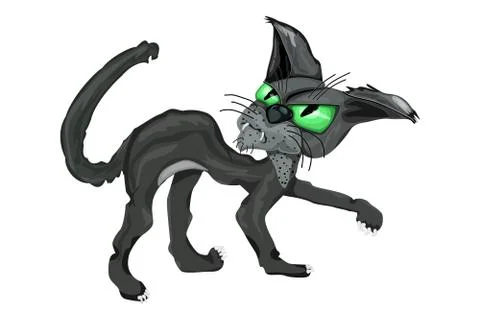 Black cat isolated on white background. Angry black cat with big green eyes. Stock Illustration