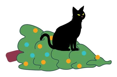 Black cat knocks down Christmas tree Illustrazione stock