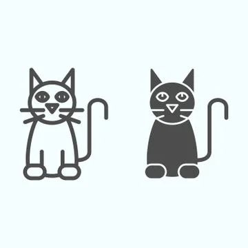 Black cat line and solid icon. Sitting pet pose silhouette. Halloween vector Illustrazione stock