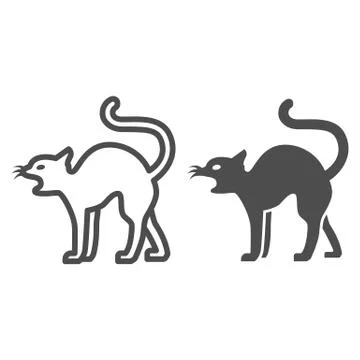 Black cat line and solid icon, Halloween concept, magic animal sign on white Stock Illustration